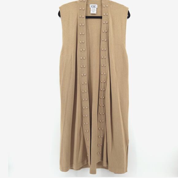 Vintage CXT 70s BohoTan Beaded Neckline OpenFront Duster Sleeveless Split Hem XL - Picture 1 of 11